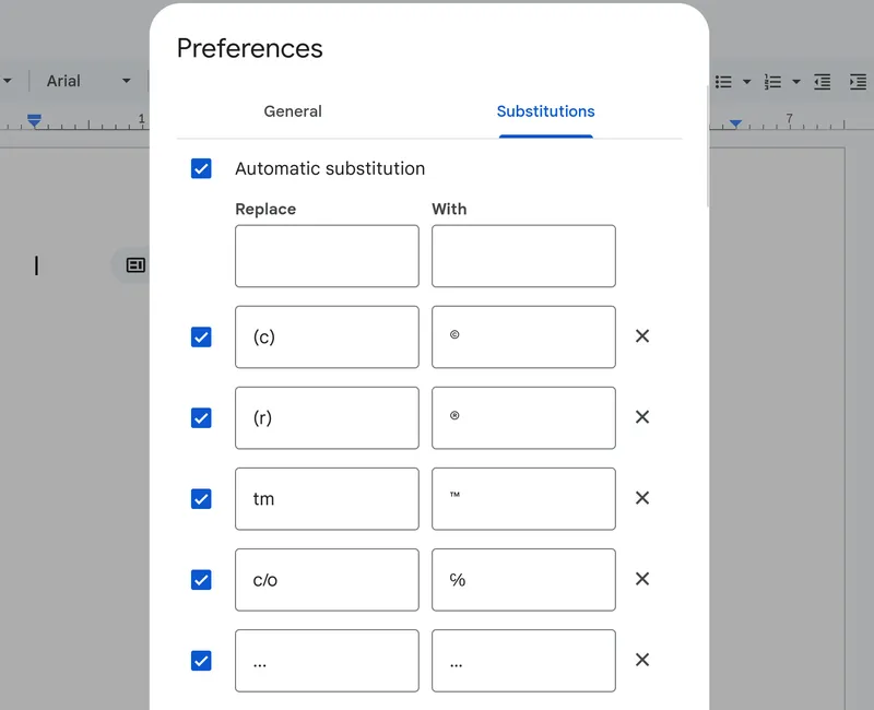 Substitutions menu